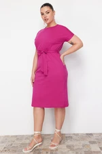 Trendyol Curve Fuchsia Belted Crew Neck 100% Cotton Knitted Dress