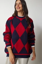 Happiness İstanbul Women's Red Diamond Pattern Oversized Knitwear Sweater