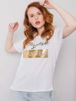 White women's t-shirt with Evelyn patch