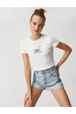 Koton Crop T-Shirt with Printed Short Sleeves Crewneck Corduroy