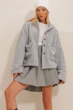 Trend Alaçatı Stili női szürke kapucnis dupla zsebes plüss kabát