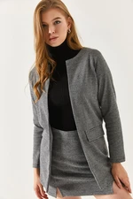 armonika Women's Gray Cuffed Gingham Jacket with Pocket Flap