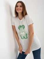 Ecru-green cotton women's T-shirt with 3D application