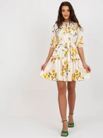 Beige and yellow women's floral dress with belt