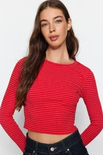 Trendyol Red Stripe Slim Crop Crew Neck Ribbed Stretch Knitted Blouse