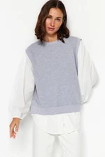 Trendyol Gray Melange Knitted Tunic with Woven Fabric Detailed Sleeves and Hem