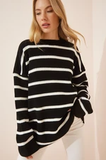 Happiness İstanbul Women's Black Striped Long Oversized Knitwear Sweater