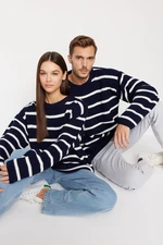 Trendyol Navy Blue Unisex Oversize Fit Wide Fit Crew Neck Striped Knitwear Sweater