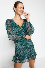 Trendyol Green Fitted Draped Snake Pattern Chiffon Woven Dress