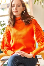 Olalook Women's Orange Sleeve Detail, Soft Textured Knitwear Sweater