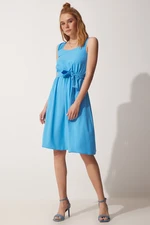 Happiness İstanbul Women's Blue Strapless Belted Summer Aerobatic Dress