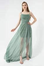 Lafaba Women's Mint Green Draped Ruffles, Glittery Evening Dress.