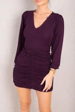 armonika Women's Purple Skirt Gather Detailed V-neck Glitter Mini Dress