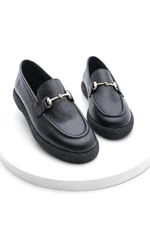 Marjin Women's Buckle Genuine Leather Loafers Casual Shoes Runet Black