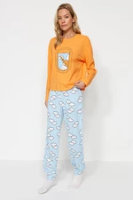 Trendyol Oranžová 100% Bavlněná Sada Pyžama s Mrakovým Vzorem: Tričko a Jogger Kalhoty