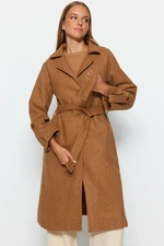 Trendyol Camel Herringbone Pattern Oversize Wide-Cut Long Stamped Coat