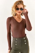 Olalook Women's Bitter Brown Collar Openwork V-neck Corduroy Sweater Blouse