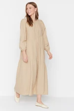 Trendyol Mink Shirred Detail Cotton, Wide Fit Woven Dress