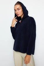 Trendyol Navy Blue Thick Fleece Hooded and Zippered Oversized/Wide Knitted Sweatshirt