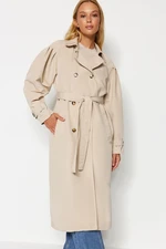 Trendyol Stone Oversize Wide-Cut Belted Water-repellent Long Trench Coat with Balloon Sleeves Detail