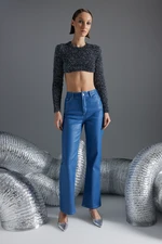 Trendyol Blue Shiny Metallic Printed High Waist Flare Jeans