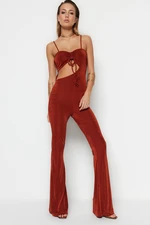 Trendyol Cinnamon Jumpsuit with Knitted Window/Cut Out Detail and Shimmer