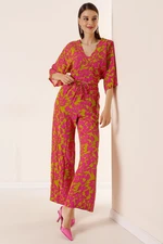 By Saygı Front Back V-Neck Bat Sleeve Blouse With Elastic Waist Pockets Palazzo Pants Floral Pattern 2-Set