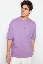 Trendyol Men's Oversize/Wide Cut Crew Neck Short Sleeve Dinosaur Embroidered 100% Cotton T-Shirt