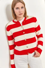 Bianco Lucci Women's Thick Striped Knitwear Cardigan with Metal Buttons