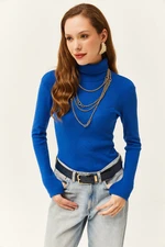 Olalook Women's Saxe Blue Turtleneck Finger Detailed Lycra Blouse