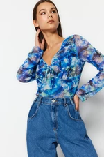 Trendyol Navy Blue Butterfly Print V-Neck Tie Detail Lined Long Sleeve Tulle Stretch Knitted Blouse