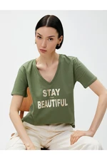 Koton Text Printed T-Shirt V Neck Cotton