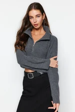 Trendyol Anthracite Super Crop Zippered Knitwear Sweater