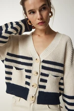 Happiness İstanbul Women's Beige Navy Striped Knitwear Cardigan