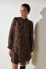 Trendyol Brown Animal Patterned Straight Cut Mini Lined Woven Winter Dress