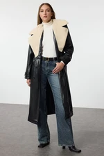 Trendyol Black Oversize Plush Collar Detailed Faux Leather Trench Coat