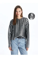 LC Waikiki Women's Crew Neck Self Patterned Long Sleeve Metallic Knitwear Sweater