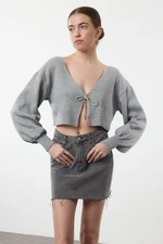 Trendyol Grey Super Crop Basic Bow Knit Cardigan