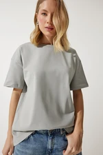 Happiness İstanbul Women's Stone Gray Loose Basic Cotton T-Shirt