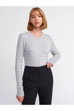 Dilvin 10476 Crew Neck Hair Braided Sweater-Grey Melange