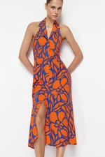 Trendyol Orange Floral Viscose Midi Woven Dress with Shirt Collar