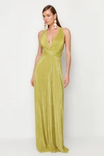 Trendyol Oil Green A-Line Belted Lined Knitted Long Evening Dress