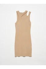 Dilvin 90142 Crew Neck Decollete Left Shoulder Knitwear Dress-Beige