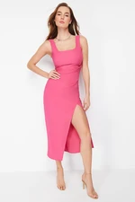 Trendyol Fuchsia Slit Gathered Detailed Midi Woven Dress