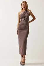 Happiness İstanbul Women's Mink One Shoulder Gathered Saran Sandy Dress