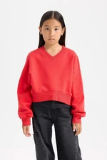 DEFACTO Girl Crop V Neck Basic Plain Sweatshirt