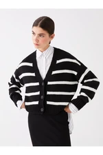 LC Waikiki Women's V-Neck Striped Long Sleeve Oversize Knitwear Cardigan