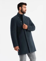 Ombre Men's coat with asymmetrical fastening and high collar - navy blue