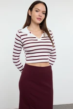 Trendyol Plum Striped Polo Collar Crop Knit Blouse