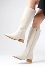 Mio Gusto Briony Beige Color Side Zipper, Thin Faux Für Lined Blunt Toe Women's High Heel Boots